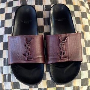 YSL burgundy leather slides